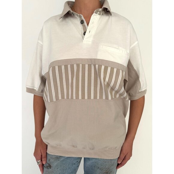 90s vintage white brown striped retro style unisex mens collared polo golf shirt - Picture 3 of 10